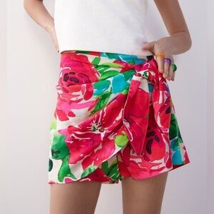 Zara Linen Blend Bright Floral Print Tie Waist Skort 3735/247